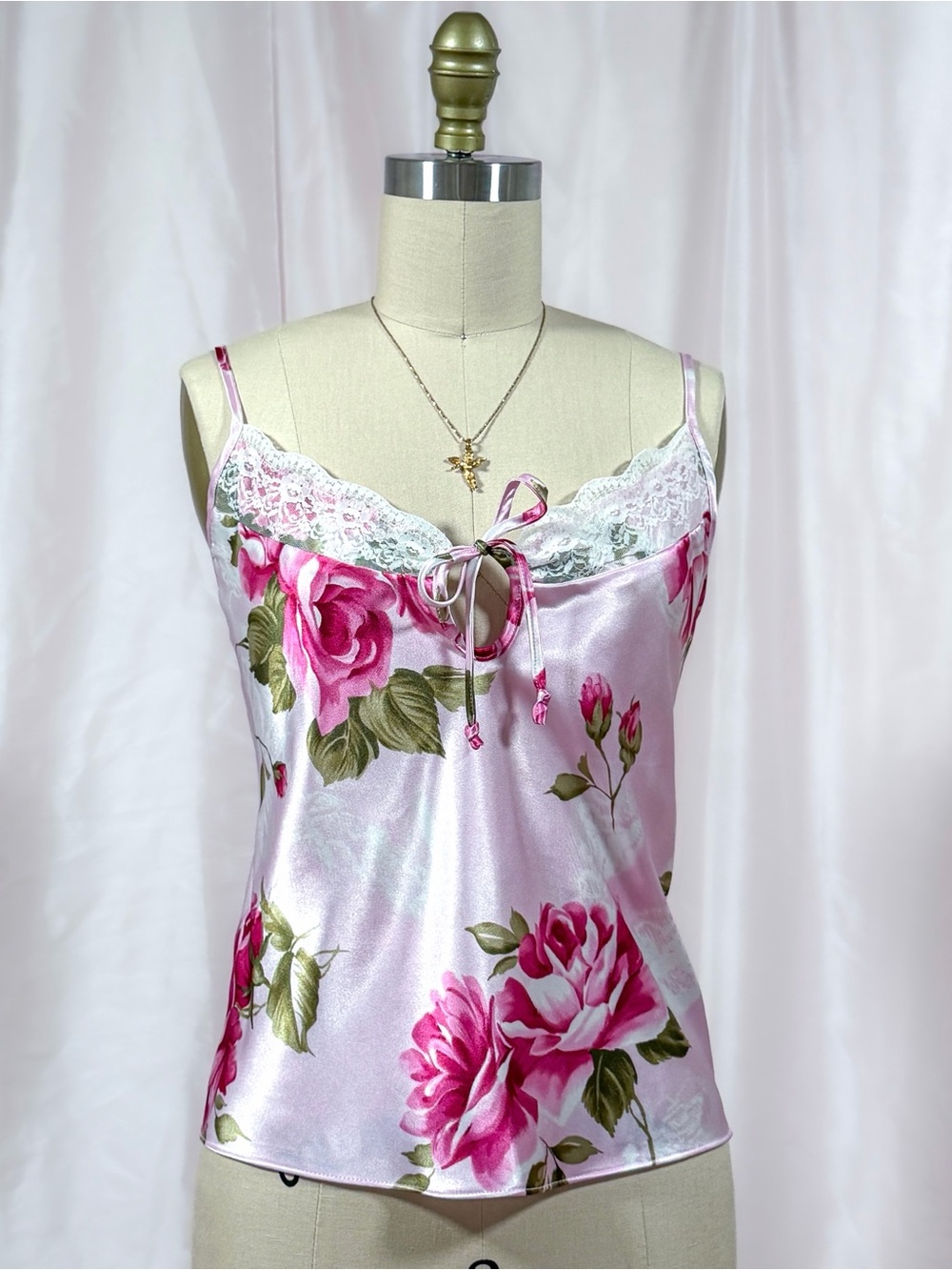 Vintage 90s Pink Floral Lace Trimmed Camisole
